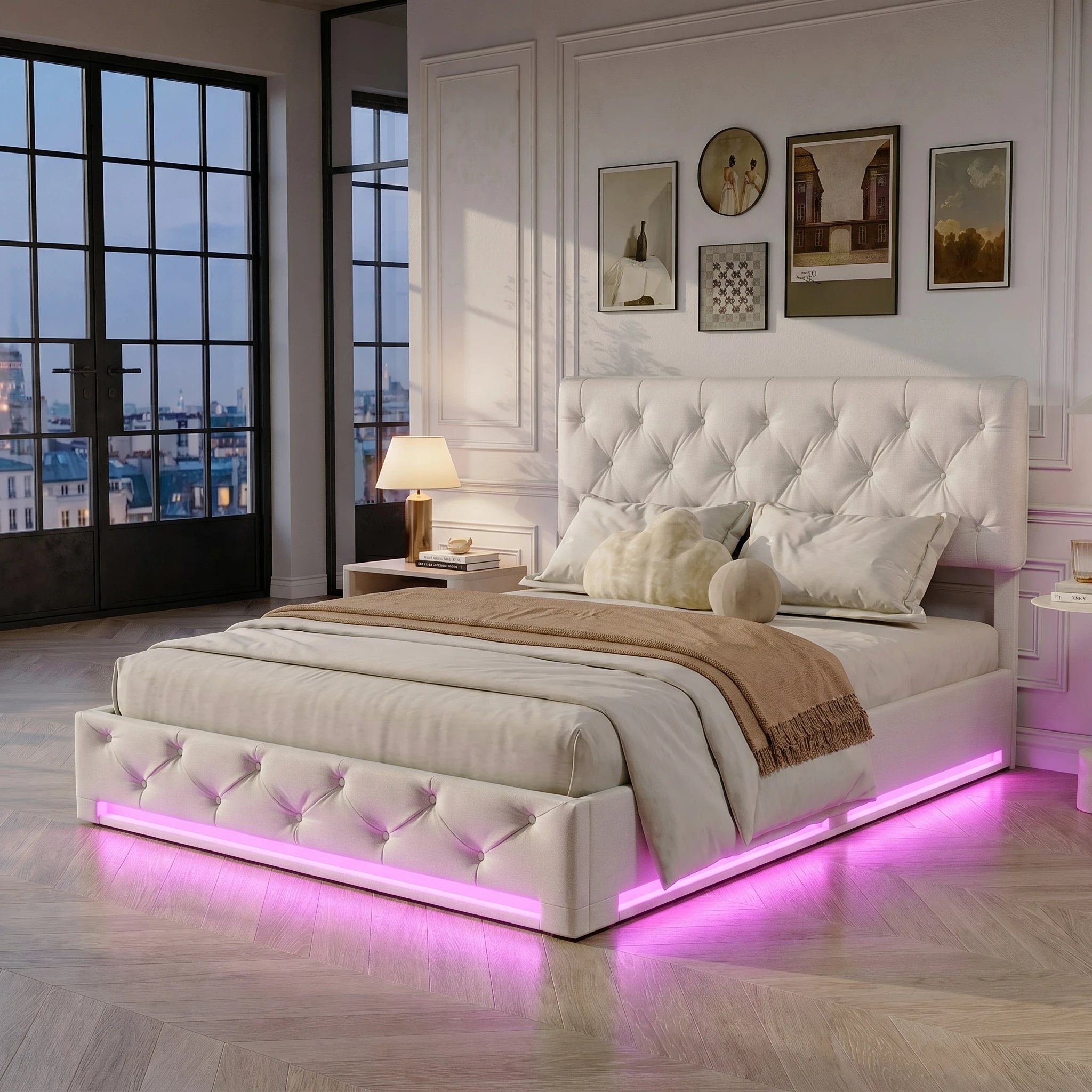 Base de Cama Doble Tapizada Anajqaqia - 140x200cm/160x200cm, con Tira LED RGB, Almacenamiento Elevable, Beige
