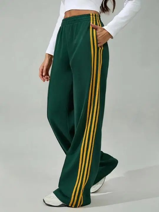 Women Side Striped Wide Leg Sweatpants Elastic Waist Drawstring Casual Sports Trousers