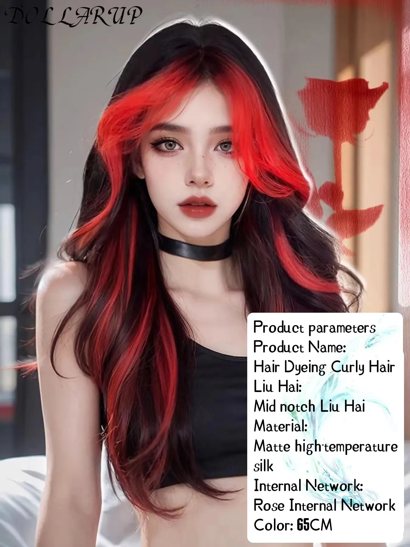 JKL Black red Long Wavy Synthetic Wigs Middle Part Natural Wave Wig Heat Resistant Cosplay Party Daily Hair Wig for Women