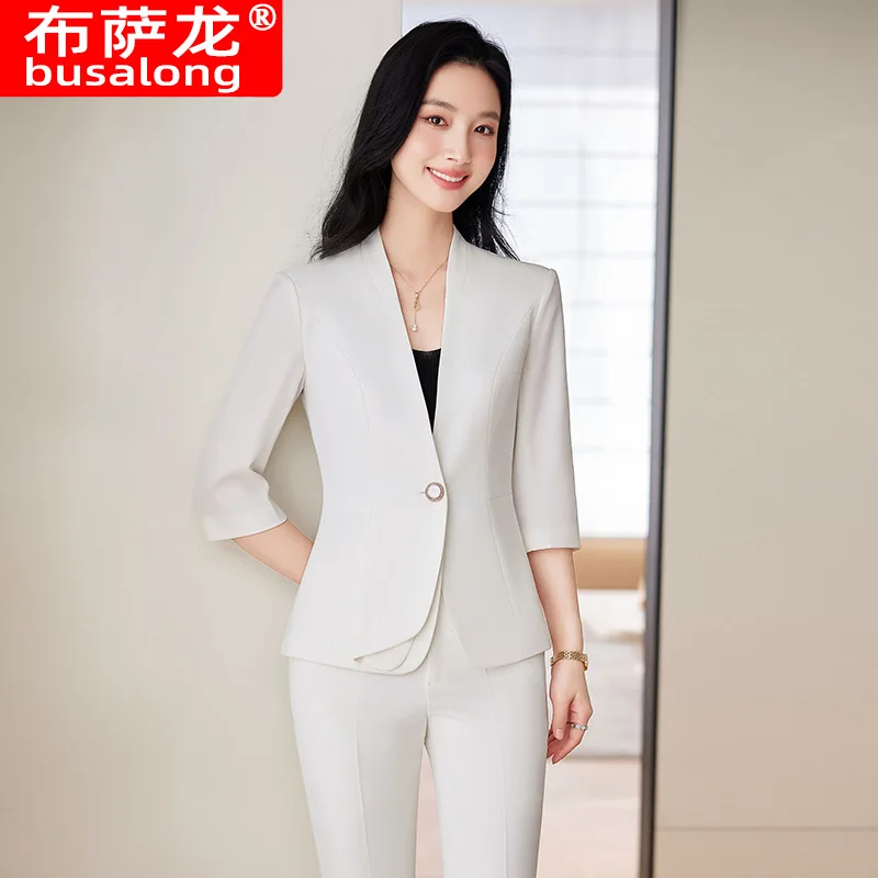 2024Spring and Autumn New Green Three-Quarter Sleeve Professional Simple Suit Jacket Women's Pants Two-Piece Suit Fashion