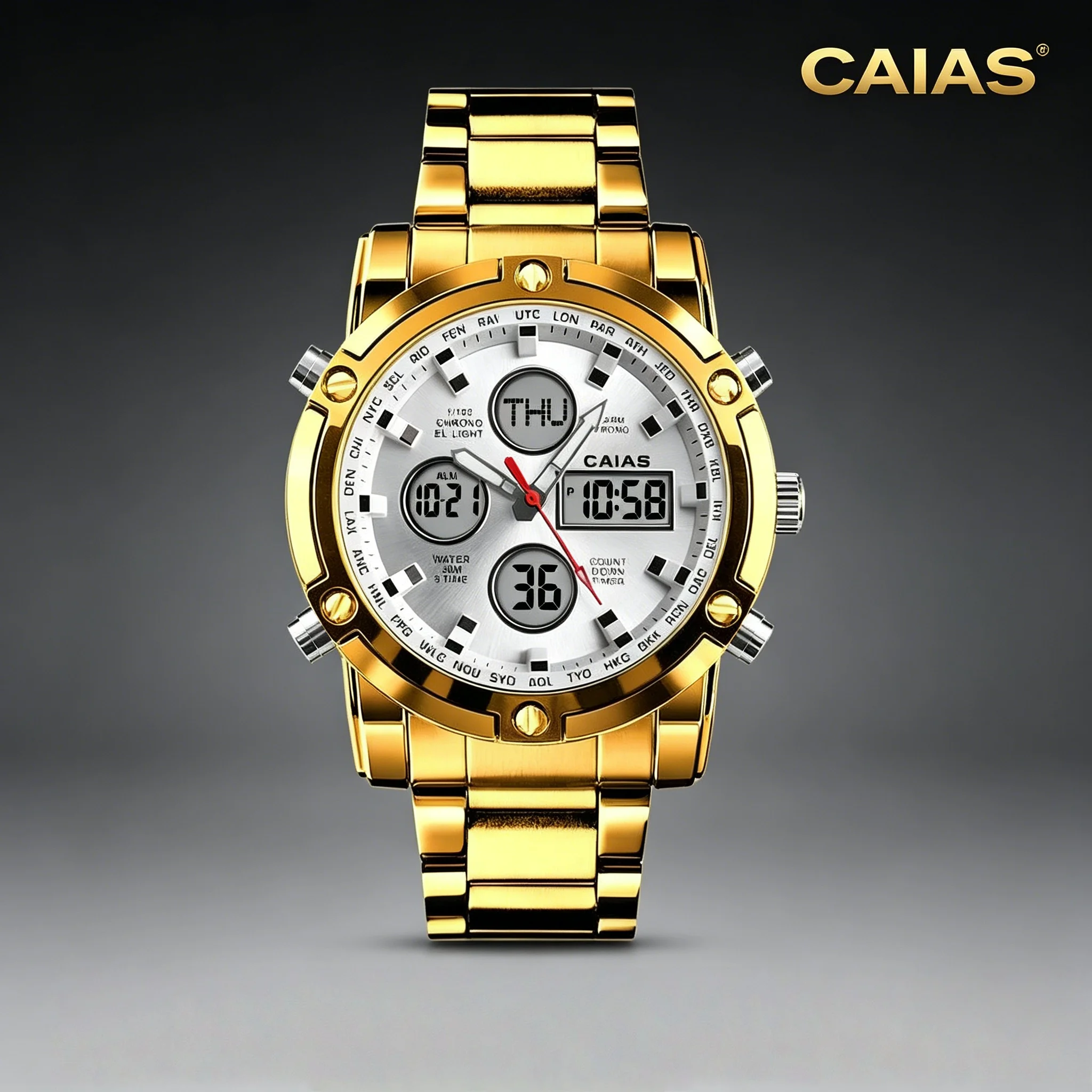 

CAIAS Men Dual-Display, Multi-Function Three-Hand Digital Watch with World Time and Outdoor Sports Features, All-Steel Bracelet