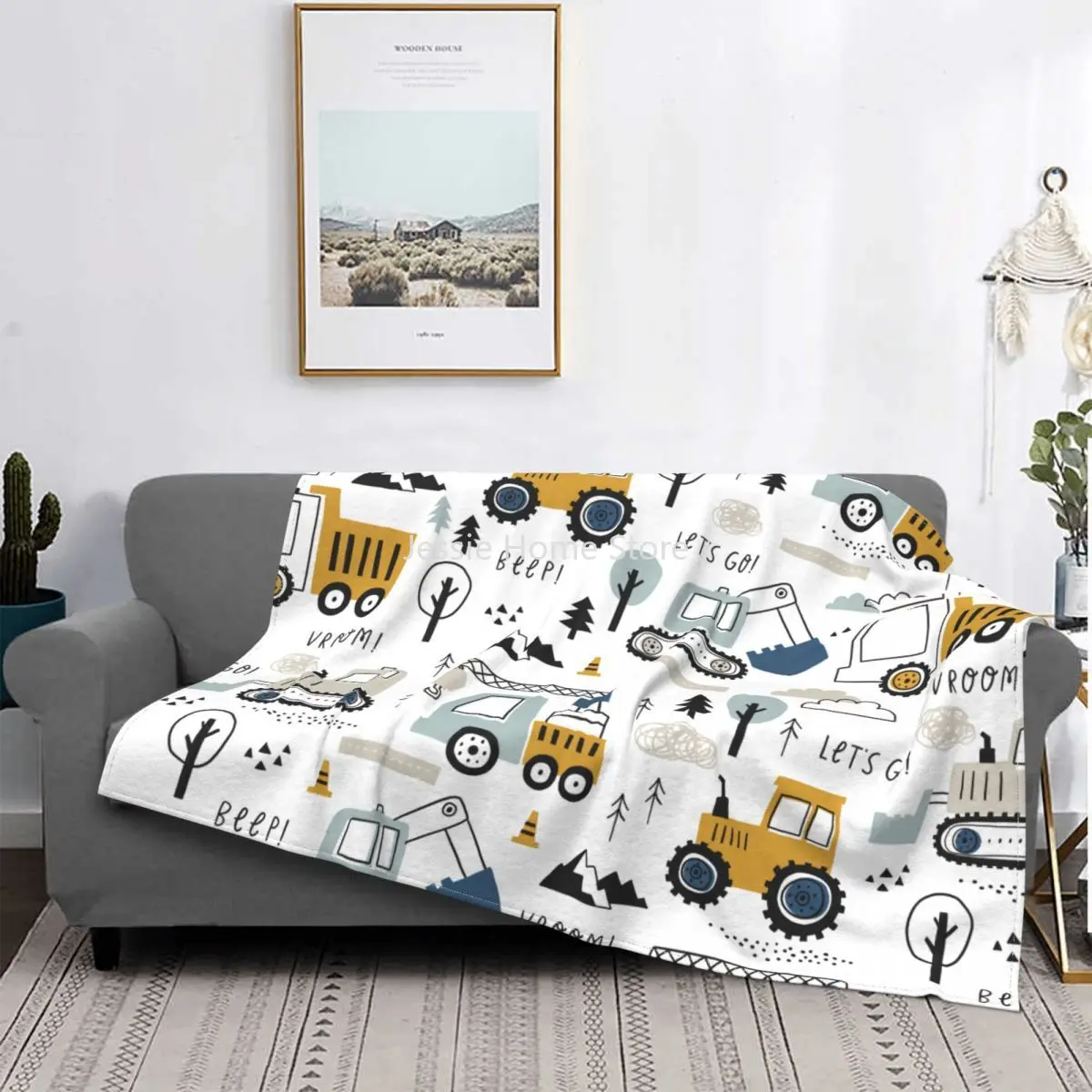 Cartoon Truck Excavator Blankets Flannel Decoration Backhoe Cranes Equipment Soft Throw Blankets for Bed Couch Bedding Throws