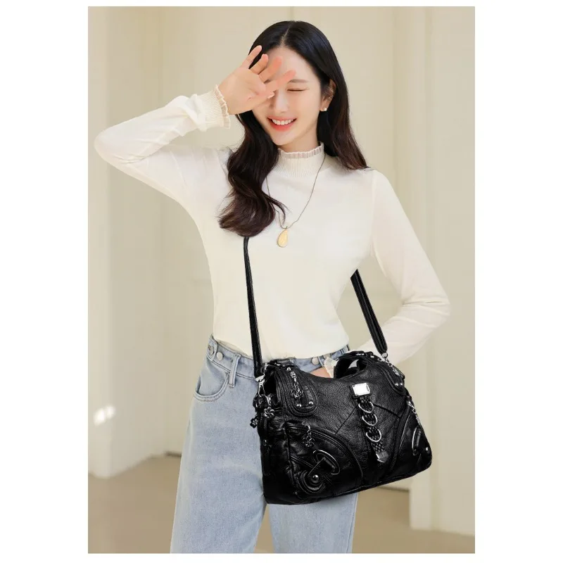 

Vintage Multi Pocket Shoulder Bag for Women | Soft PU Leather Hobo Handbag | Large Capacity Crossbody Purse with Charms