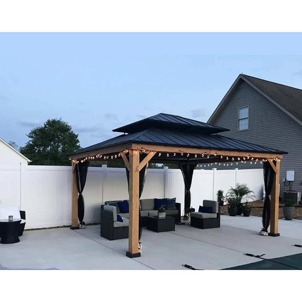

13' x 15' Wood Gazebo, with Metal Roof, Privacy Curtains and Nettings for Patio, Spruce Frame Outdoor Hardtop Gazebo