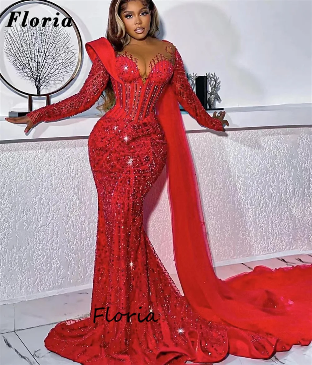 

Middle East Red Mermaid Celebrity Dresses With Slit Train Haute Coutures Beaded Evening Dresses Kaftans Dubai Party Pageant Gown