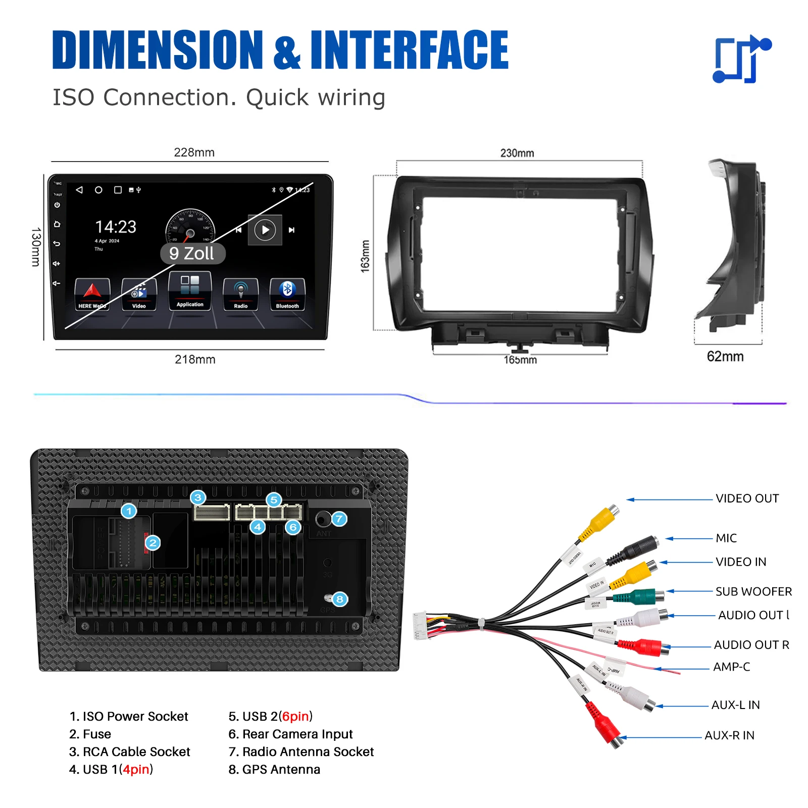 ESSGOO 9 Pouces 2 Din Android 14 Autoradio GPS Navigation CarPlay Android Auto Sans Fil Pour Ford Escape Kuga 2012-2018 Lecteur Vidéo Multimédia FM WiFi Bluetooth