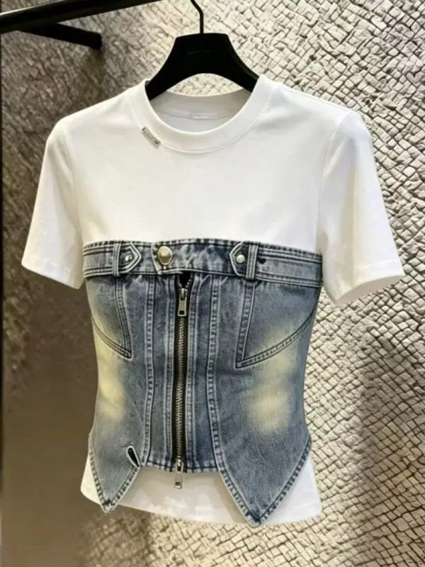 Retro Style Spliced Short Sleeve T-Shirt Slim Fit Zipper Decoration French Style Citywalk High Waist Regular Length Pure Color