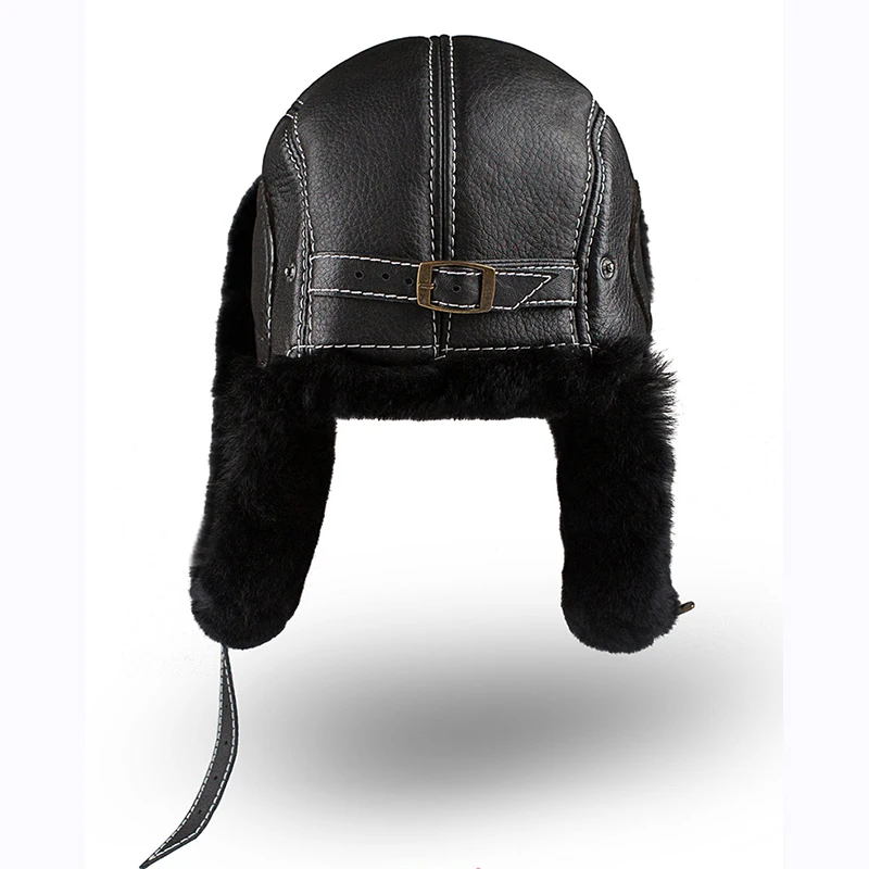 Winter Bomber Hats Rex Rabbit Fur Earflap Russian Ushanka Men Trapper Aviator Pilot Hat Real Leather Fur Snow Caps