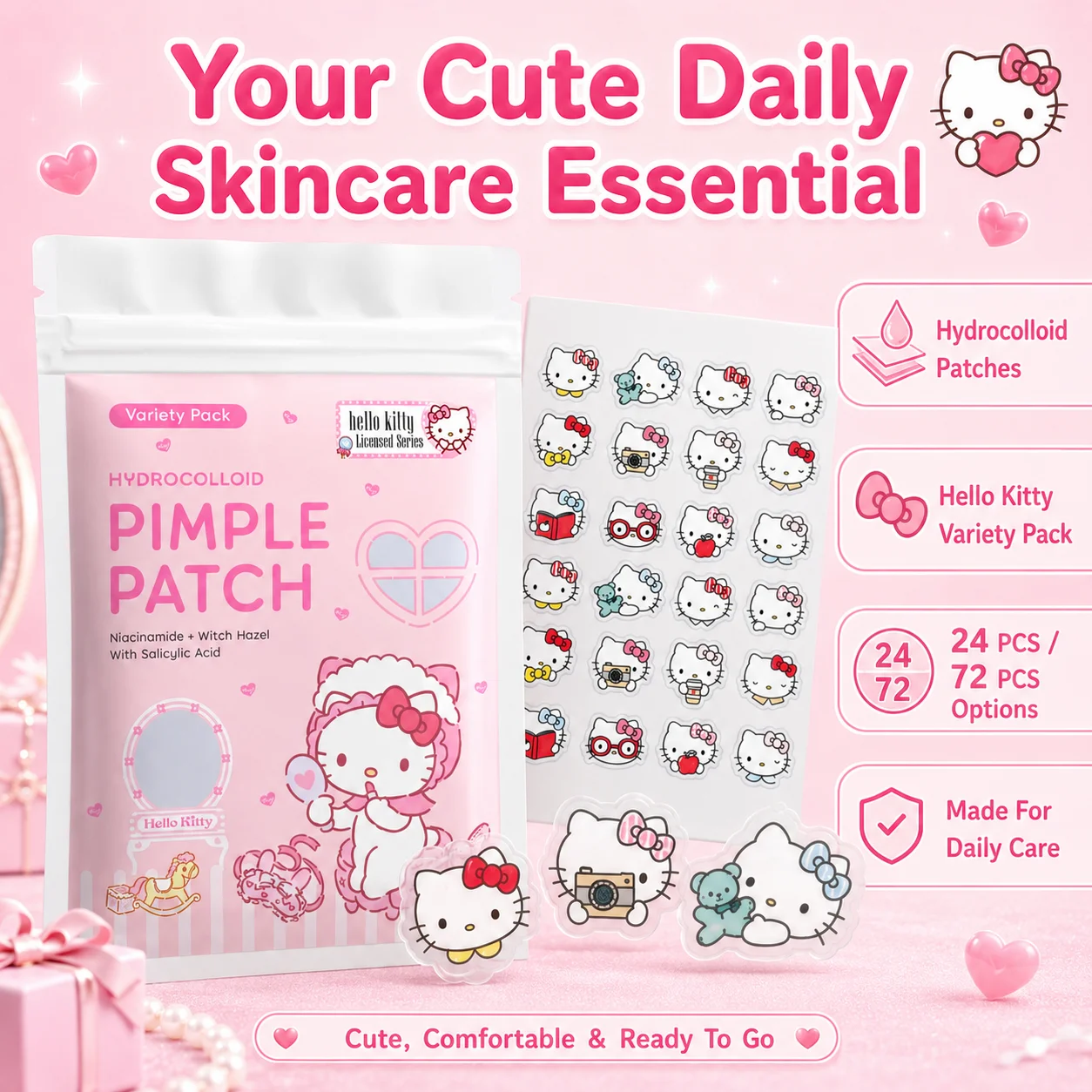 24/72pcs Hello Kitty Hydrocolloid Pimple Patches, Cute Cartoon Acne Spot Stickers, Variety Pack Invisible Blemish Cover, view 6