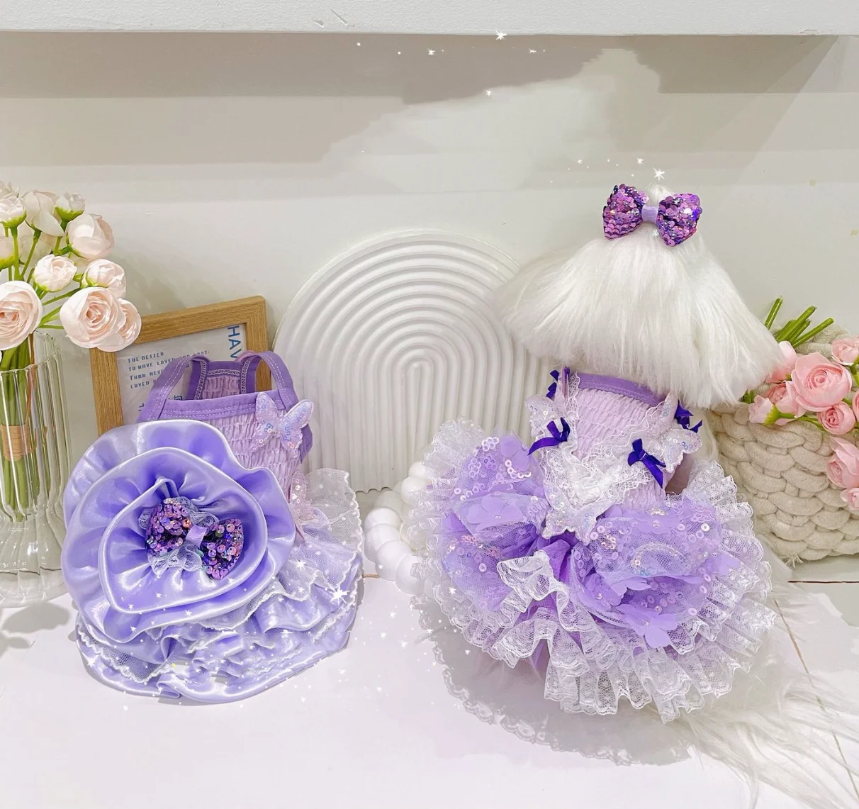 

Designer Purple Pet Gown with Sequin Lace, Luxury Princess Dress, Matching Sister Outfit for Small Breed Dogs Maltese Yorkie