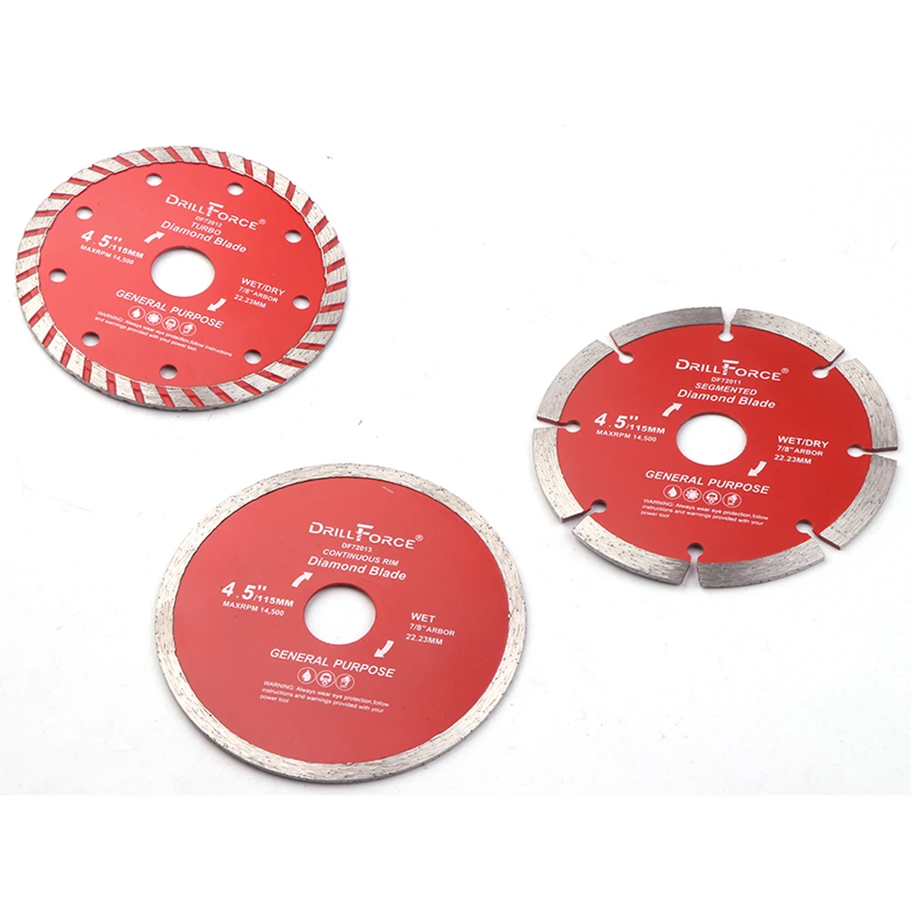 DRILLFORCE 3 قطعة ضياء 115 مللي متر شفرات منشار ماسية مستمر/مجزأة/توربو حافة جاف الرطب بلاطة من البورسلين أسطوانة تقطيع الرخام دائري