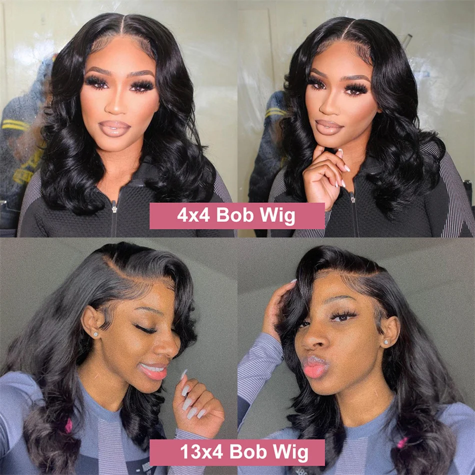 Body Wave Natural Black Bob Peruvian Human Hair Side Part Lace Front Middle Part Wig Pre Plucked Wig For Black Women 180 Density