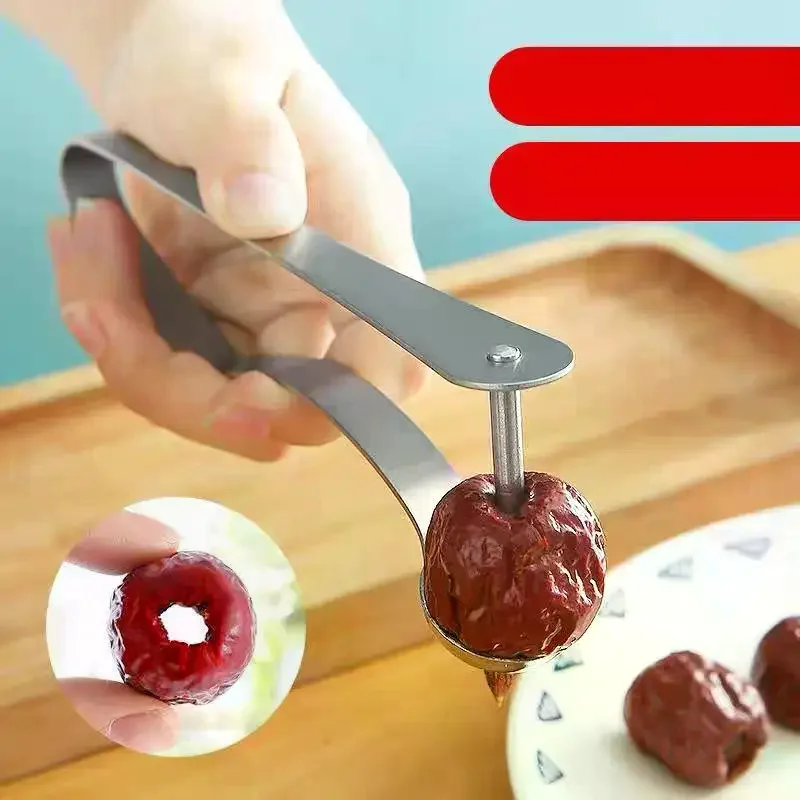 Descorazonador de Dátiles y Cerezas de Acero Inoxidable, Herramienta Duradera para Descorazonar Frutas para Cocina Casera y Preparación de Snacks Saludables