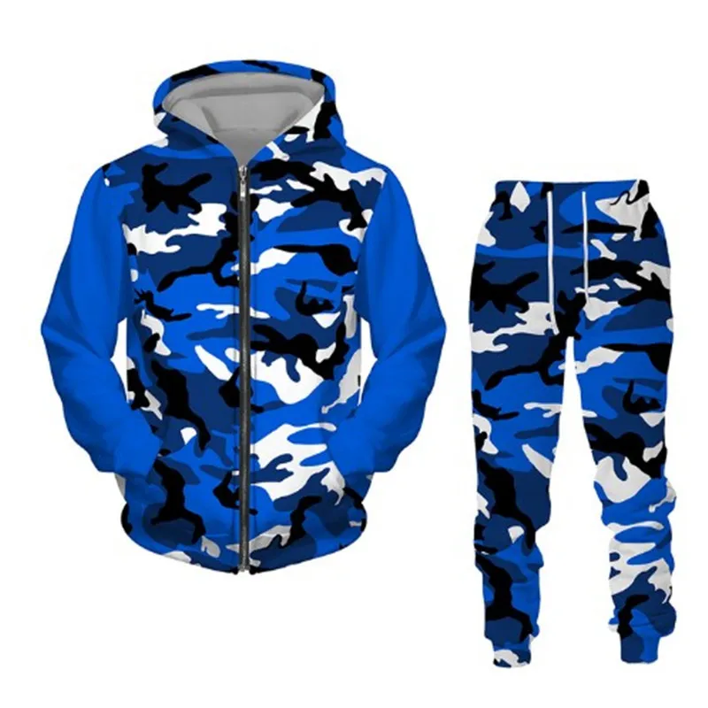 Men Hoodie Sets 3D Camouflage Printed Zip Hoodie + Pants Suit Cool Men 2 Pcs Sportwear Tracksuit Set  Autumn Men\'s Clothing