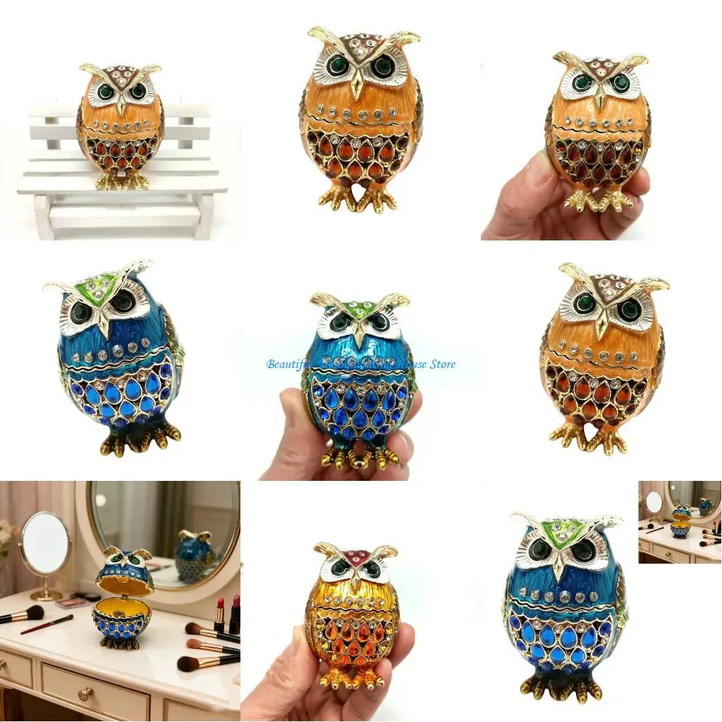 

E56A Owl Themed Jewelry Storage Box Alloy Rhinestones for Necklaces Rings
