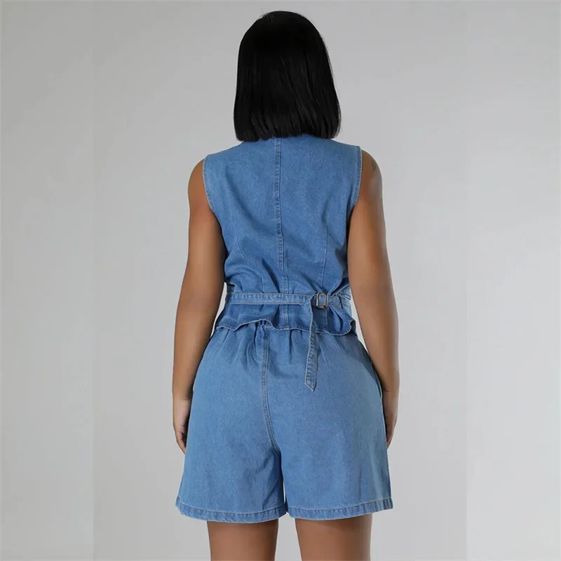 Summer V Neck Sleeveless Waistcoats Women Two Piece Sets Straight Denim Shorts Female Suits Casual Single-breasted Cardigan Vest