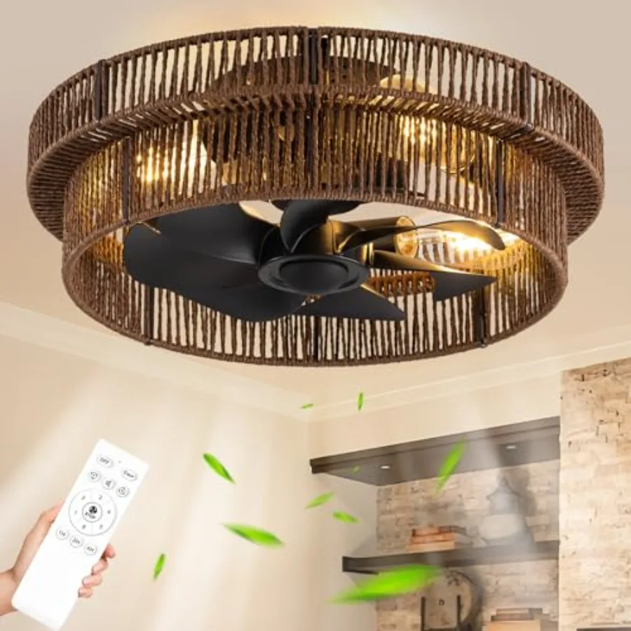 

Handwoven Boho ceiling fan with light for bedroom, nursery, dining room; rattan brown; black farmhouse caged fandelier; low pro