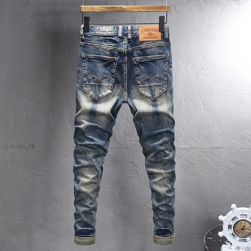 Moda de rua jeans masculino retro lavado azul estiramento fino ajuste rasgado jeans masculino bordado designer vintage calças jeans hombre