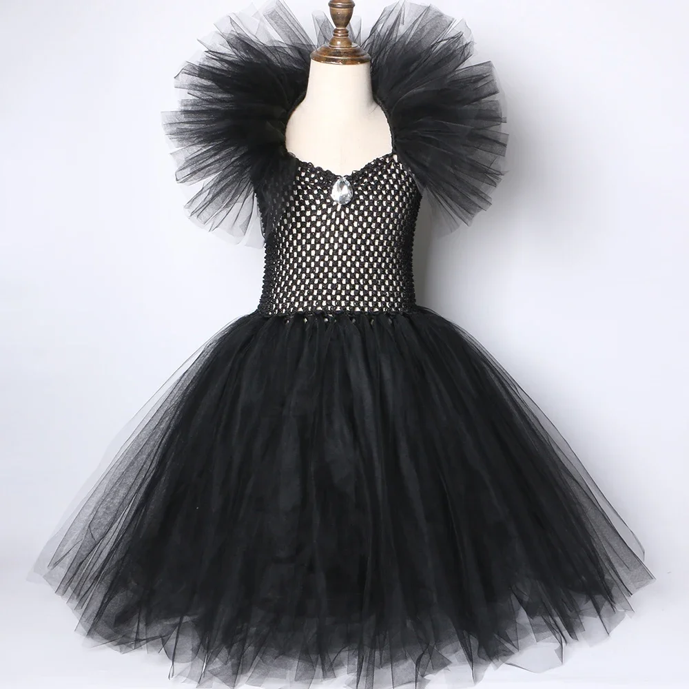 Halloween Malefice Witch Costume for Kids Black Gothic Dark Evil Queen Cosplay Tutu Princess Dress for Girls Fancy Party Clothes