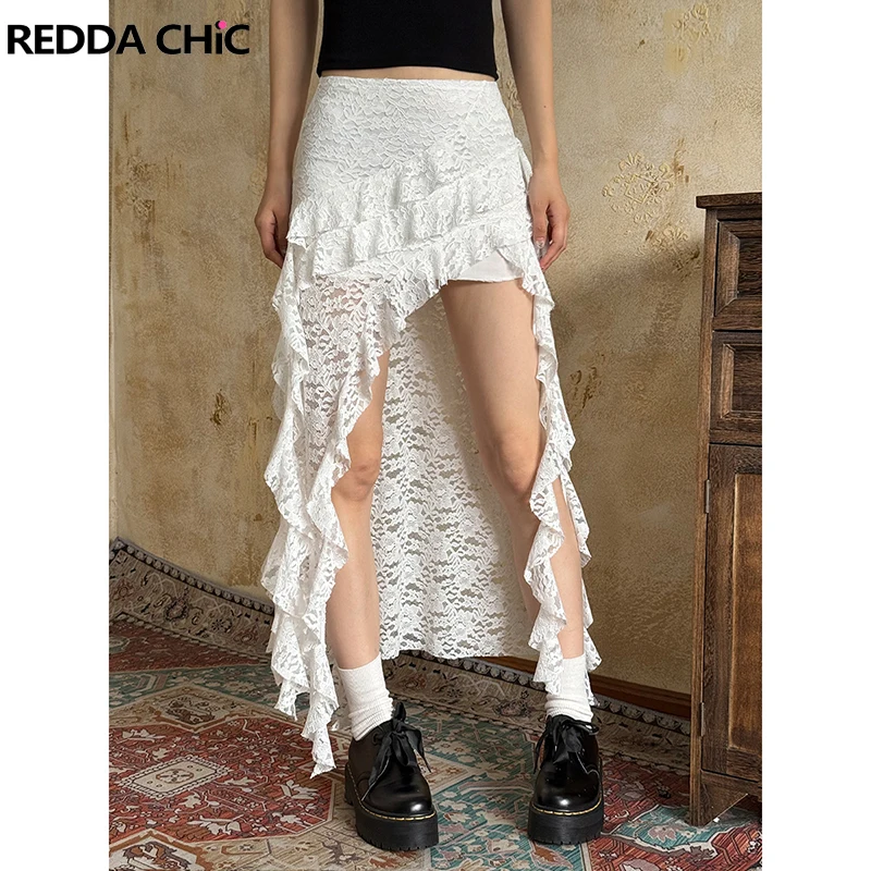 

ReddaChic Floral Lace Bustle Skirt Flounce Flowy Elastic Ruffle Tiered Trailing High-low Skirt Women Retro Goth Festival Outfits