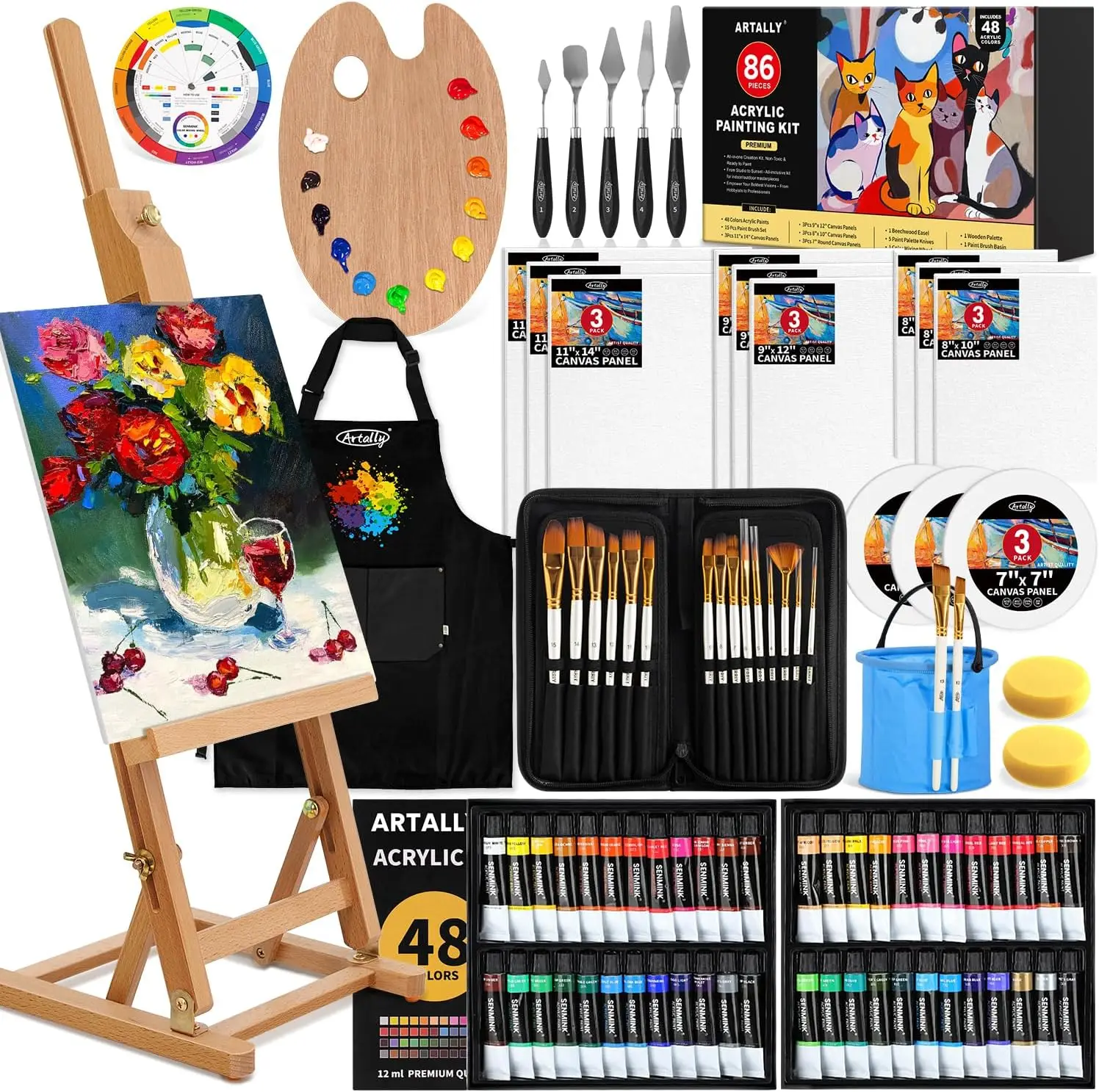 

86-Piece Acrylic Painting Kit with Tabletop Easel, 48 Colors Acrylic Paint Set, Paint Brush Set & Case, Brush Basin & Art Apron,