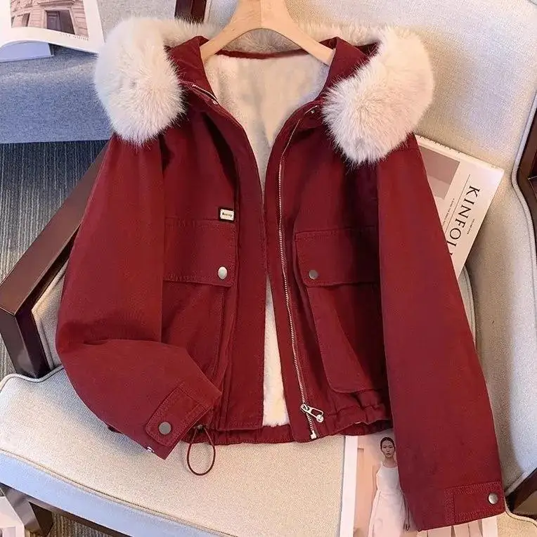 

Parkas Woman Womens Autumn Lace-Up Fur Neckline Retro-Style Comfortable Stripes Casual Mid-Aged Fluffy Thermal Buckle Multicolor