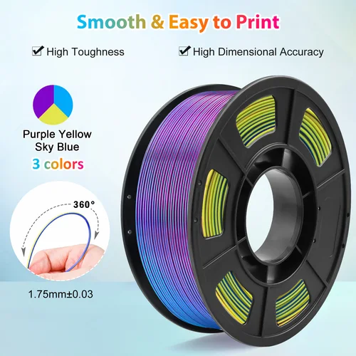 Imagen 2 del producto Filamento de impresora 3D PLA de seda tricolor, filamento de impresión 3D multicolor de 1,75 mm, filamento morado, azul cielo y amarillo, 250 g (0,55 lb)