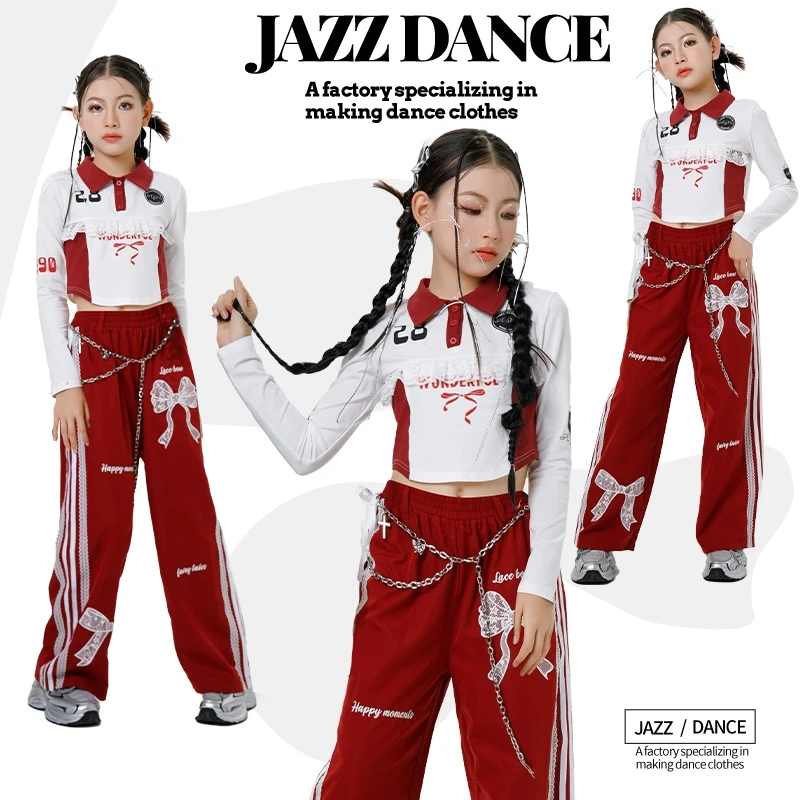 2024 Jazz Dance Costume Girls' American Retro Polo Shirt Set Bow Dance Pants Children's Walk Show Performance Dress Up XH1352