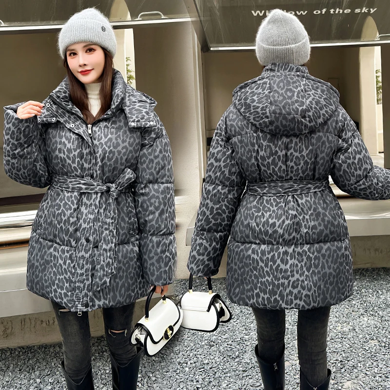 

Women's Mid-Length Thiened Down Cotton Jacket 2025 Winter Korean Sleeve Loose Coat with Belt Spot Pattern Long Sleeve