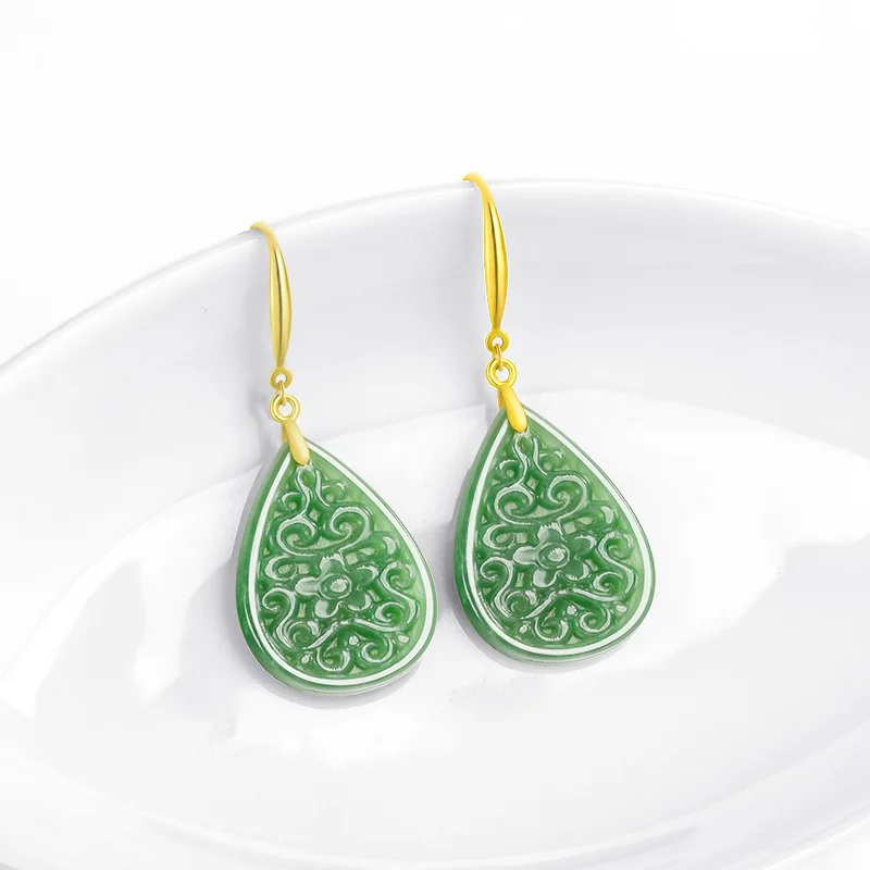 

S925 Silver Green Natural Jade Jasper Water Drop Earrings Gifts for Women Amulet Talismans Lucky Designer Vintage Luxury Jewelry