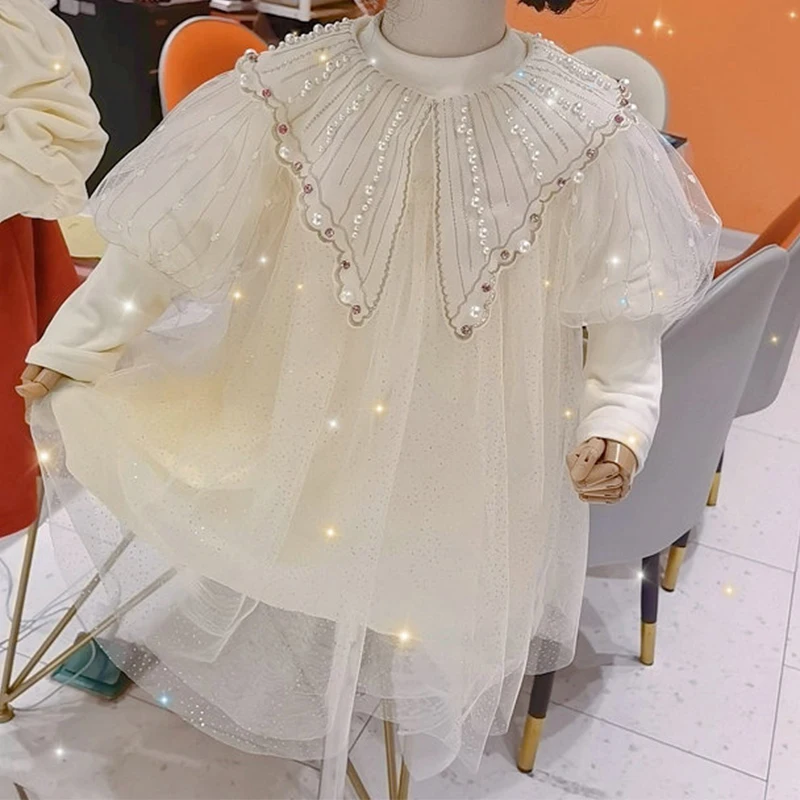 Spring Autumn Girls' Set Butterfly Bead Mesh Bubble Sleeve Princess Dress+ Bottom Shirt 2Pcs Fashion Children Clothing Suits