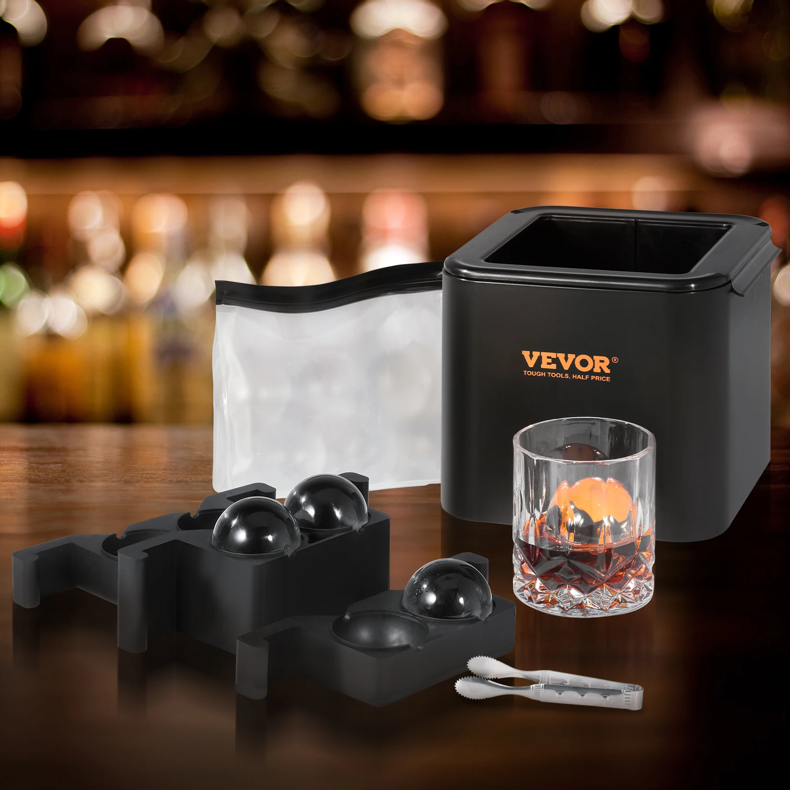 VEVOR 2 4 Ice Ball Maker Ice Sphere with Storage Bag and Ice Clamp Round Clear Cube Ice Maker Whiskey Scotch Cocktail Brandy 