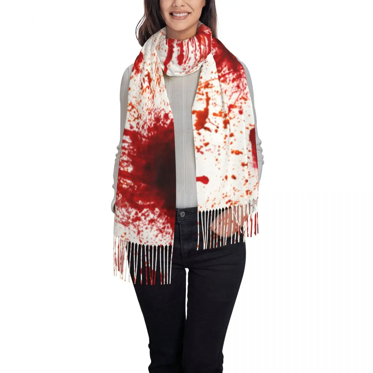 Blood Splatter Horror Scarf Wrap for Women Long Winter Fall Warm Tassel Shawl Unisex Scarves