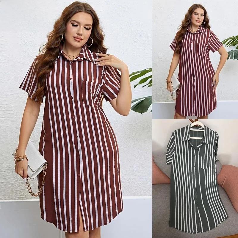 

Summer plus Size Women's Striped irt Dr Commute Sle Polyester Fiber ort Sve Mid-length Collar Regular Fit