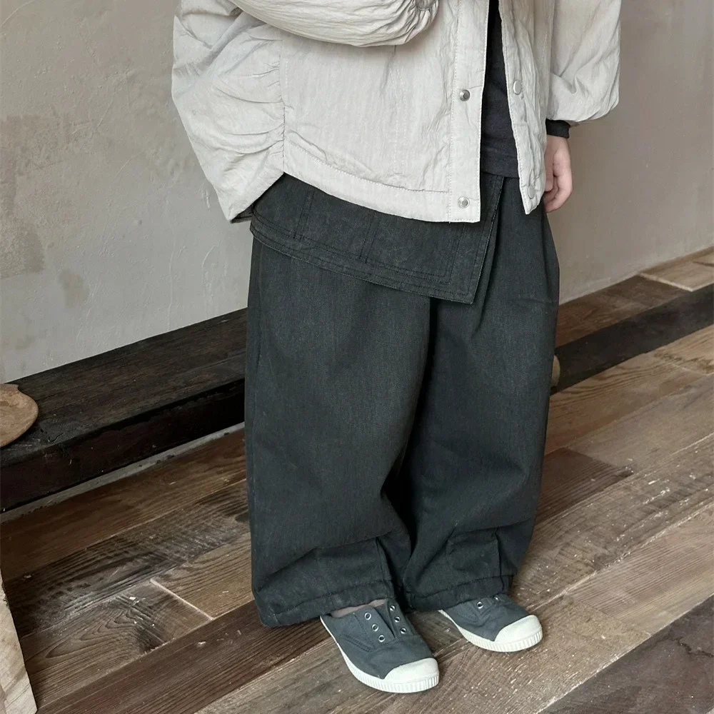 

Children Clothes Kids Casual Pants 2024 Winter Jeans Korean Style Straight Solid Color Fashionable Thick Warm Wool Pants Tide