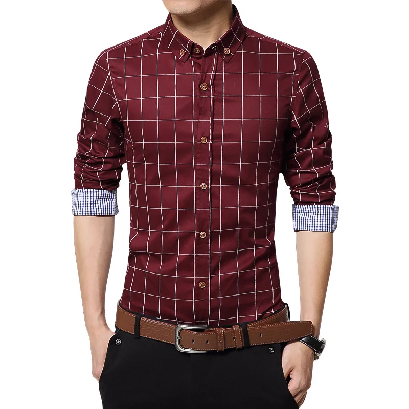 

Plaid Cotton Brown Button Down Casual Men's Shirt Autumn Brand Men Clothes Slim Fit Long Sleeve Shirts Social Plus Size M-5XL