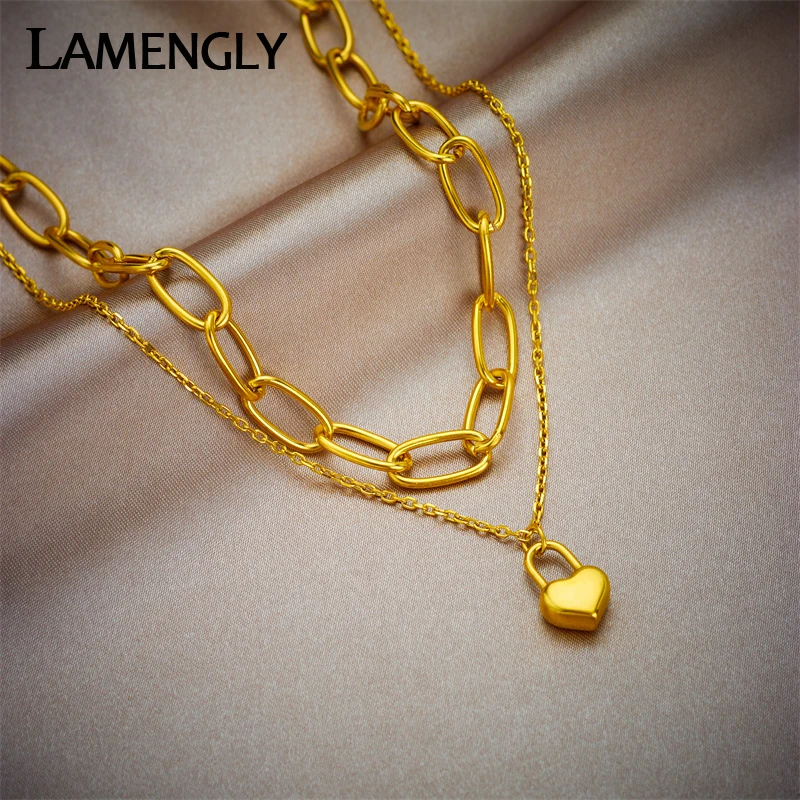 LAMENGLY 316L Stainless Steel Gold Color Heart Lock Pendant Necklace For Women New Trend Girls Multilayer Chains Jewelry Gifts