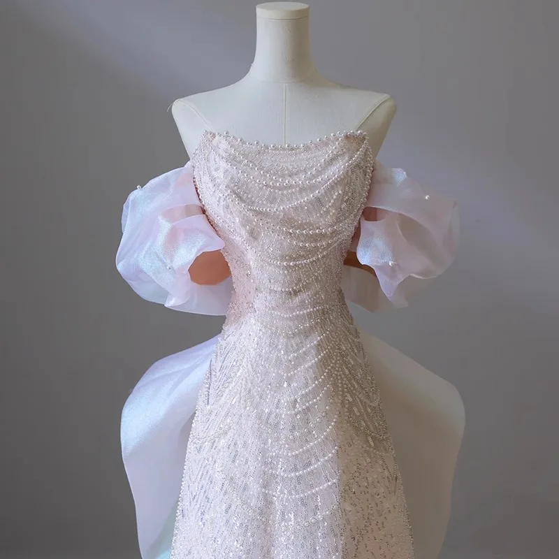 High-end Off-shoulder Strapless Elegant Train Dress for Coming-of-age Ceremony, Wedding, Birthday, Prom, Graduation Ceremony