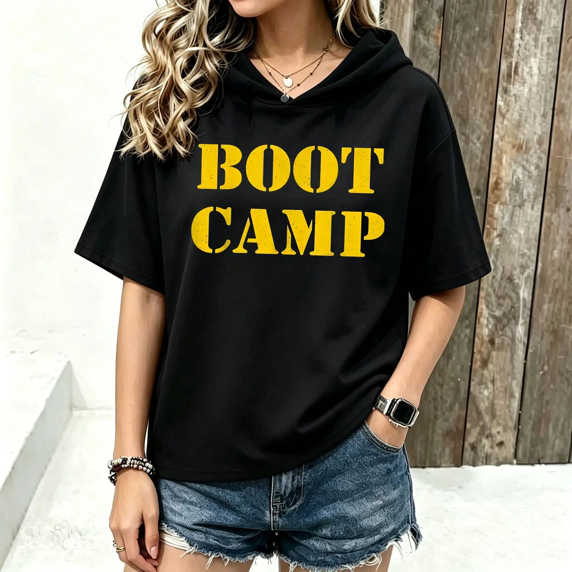 Women Short Sleeve Hooded T‑Shirt BOOT CAMP Vintage Distressed Yellow Letter Graphic Print Spring Summer Loose Hoodie Tee Streetwear Casual Short Sleeve Hood Tops