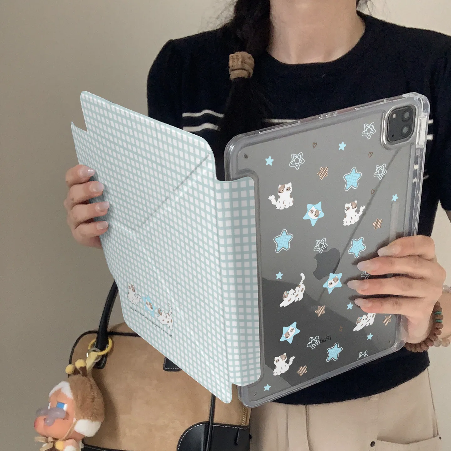 Ins Checkered Star Cat Table Case For iPad Pro 11 12.9 13 M2 M3 M4 M5 Shell 8.3 9.7 10.2 5/6/7/8/9/10/11th Air 2 3 4 5 6 7 Cover