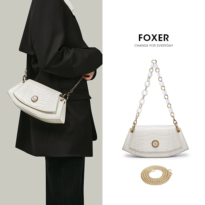 FOXER Fashion Shoulder Flap Bag Women\'s Underarm Bag Split Leather Luxury Chain Crossbody Bag Evening Party Saddle Bags For Lady