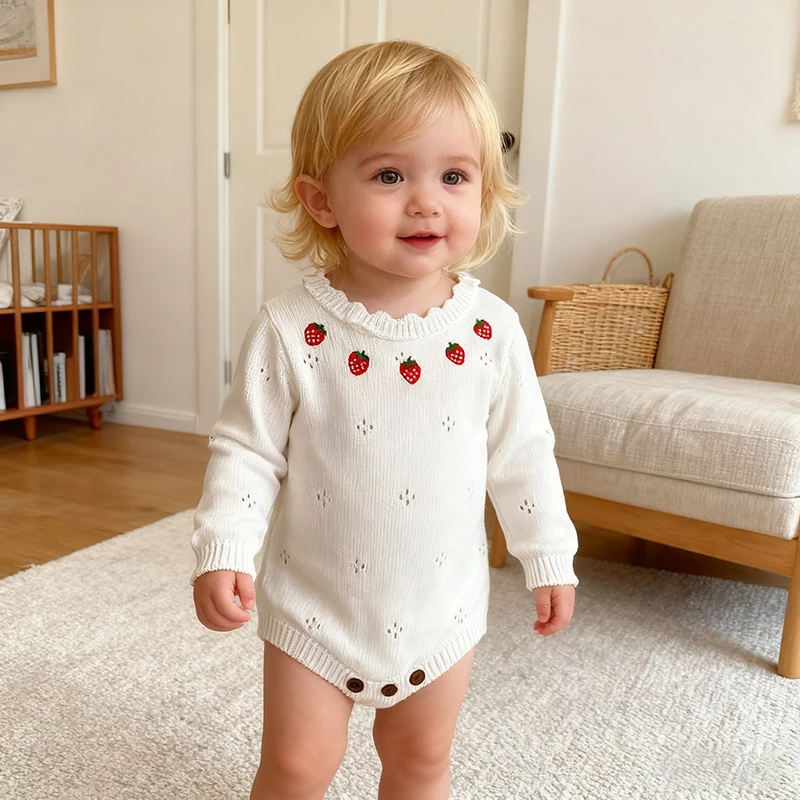

Autumn Winter Baby Girl Knit Sweater Romper Newborn Long Sleeved Strawberry Embroidery Romper 0-24M Children Knitted Clothes