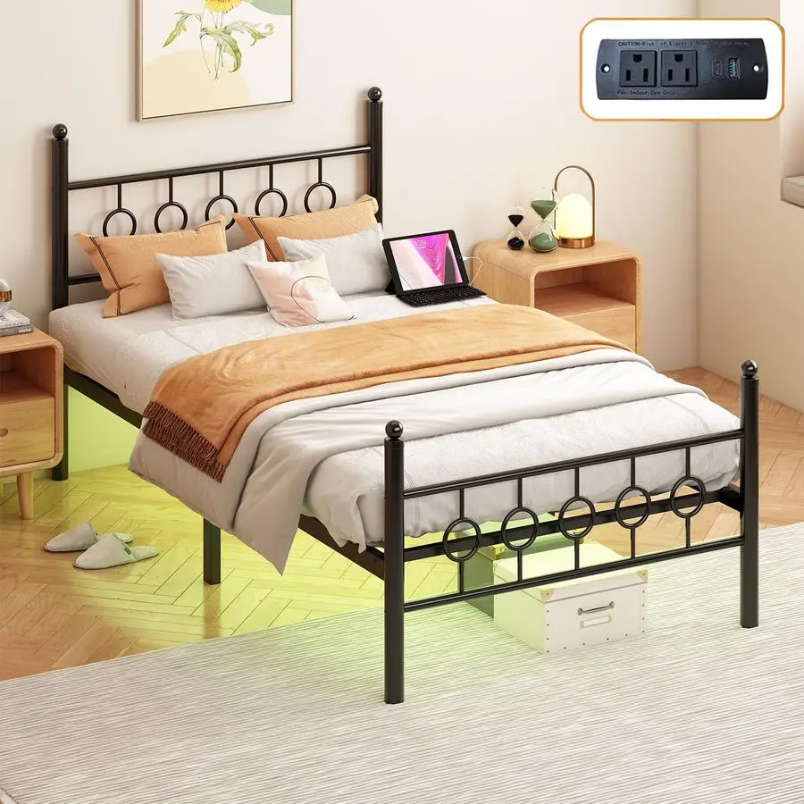 Bed Frames with Headboard, LED Bed Frame with Charging Station, Metal Platform, UnderBed Storage, No Box Spring Needed, Noise Fr