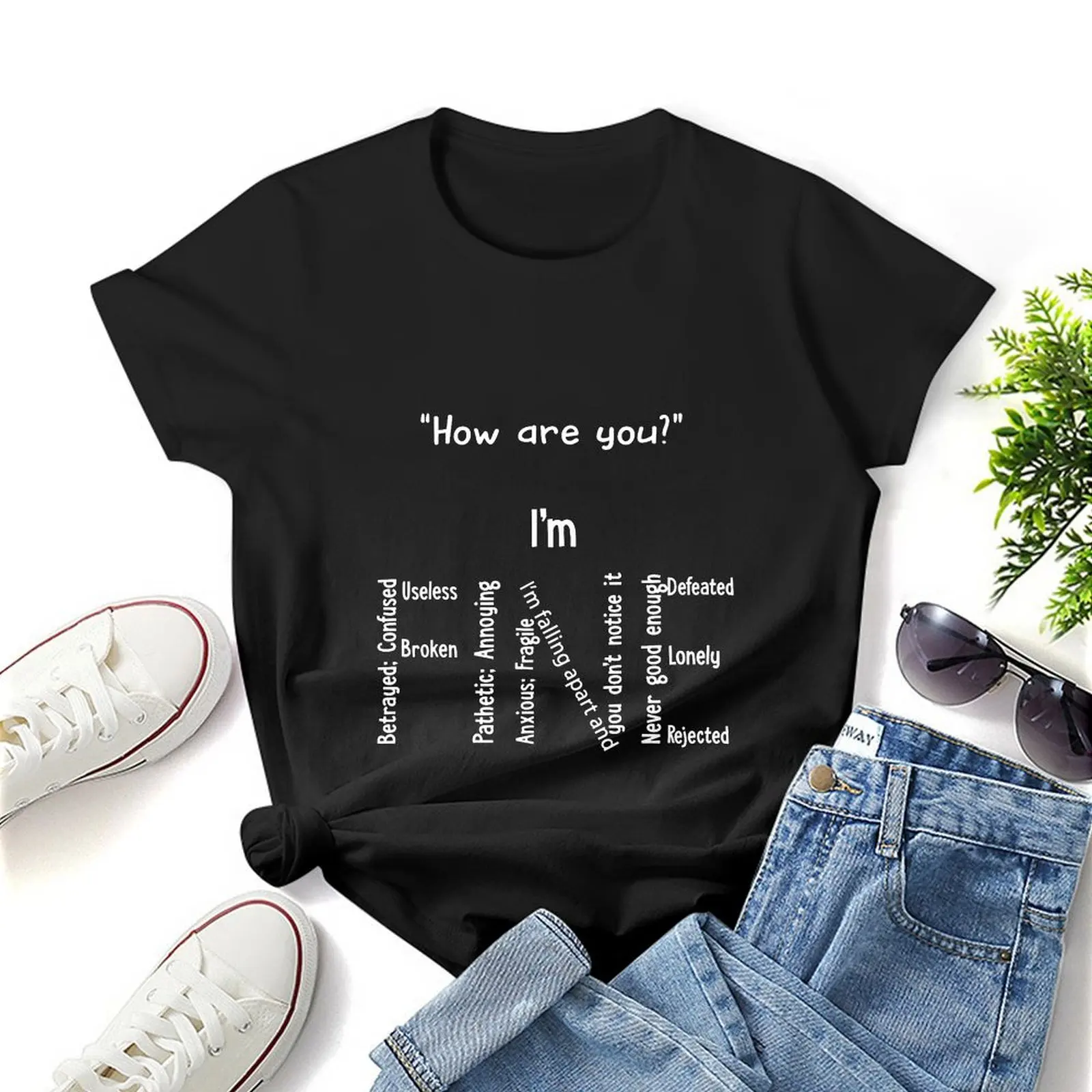 Funny I\'m Fine Depression Mental Health Awareness Women T Shirt Graphic Shirt Casual Short Sleeved Female Tee T-Shirt Size S-4XL