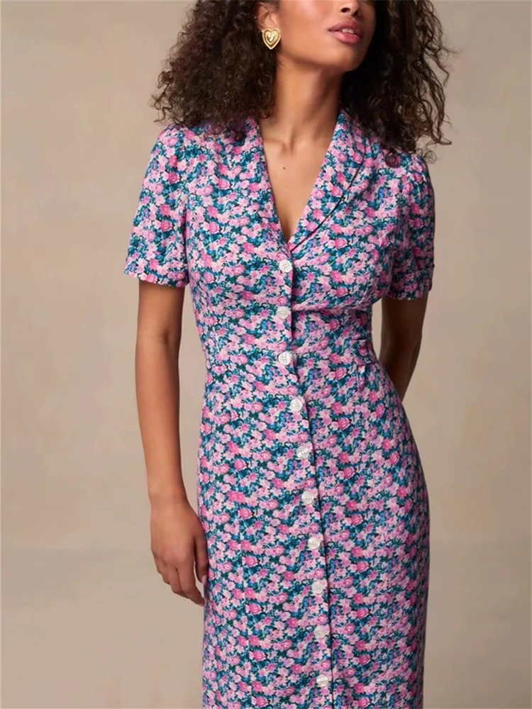 2024 Summer Women Single Breasted Midi Robe Turn-Down Collar Floral Print Short Sleeve Prairie Chic Female 100% Viscose Dress