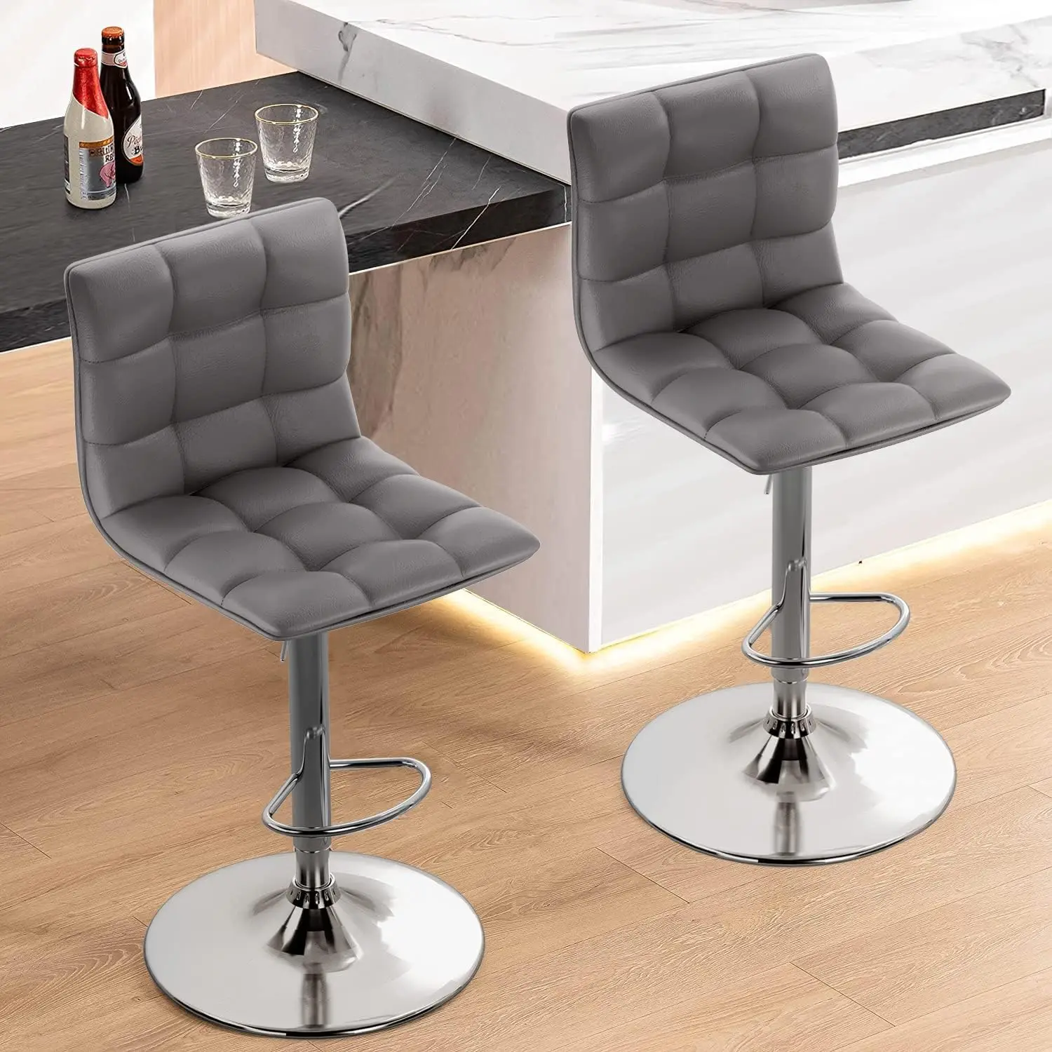 Bar Stools Set of 2, Swivel Adjustable Barstools with Back and Footrest, PU Leather Upholstered Counter Height Bar Stools