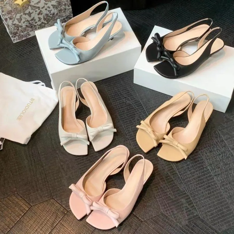 Women's French Heels Summer New BowTie Sandals Peep Toe Side Cutout Design Elegant One Strap High Heels Party&Wedding Shoes