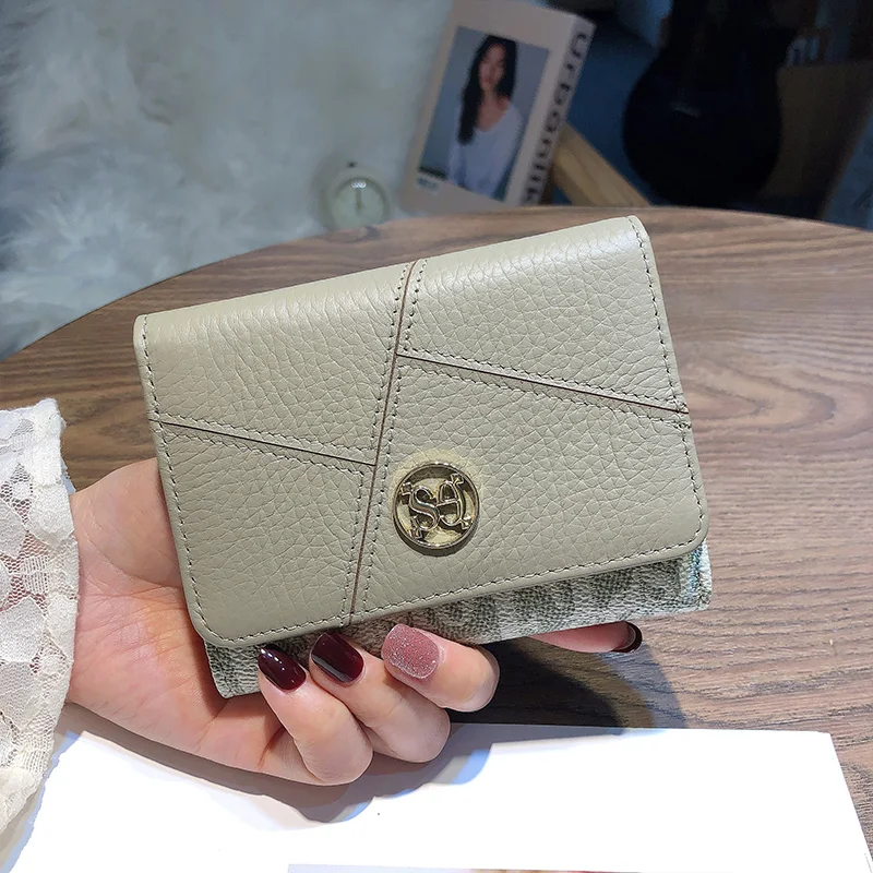 Fashion Patchwork Cowhide Women Wallets Short Genuine Leather Billfold Original Design 3-fold Wallet Letter Pattern Logo Purse