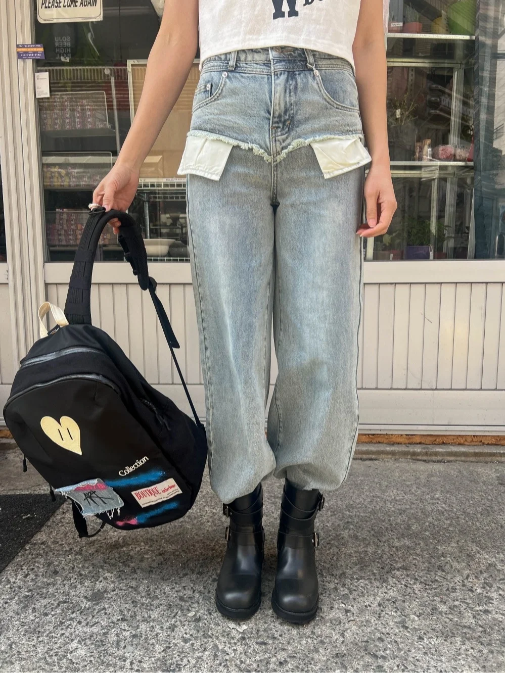 

Cuffed ket orts Spliced Denim Women's Vintage Waed Loose Straight Leg Frayed Hem Trendy Long Trousers High Waist Jeans