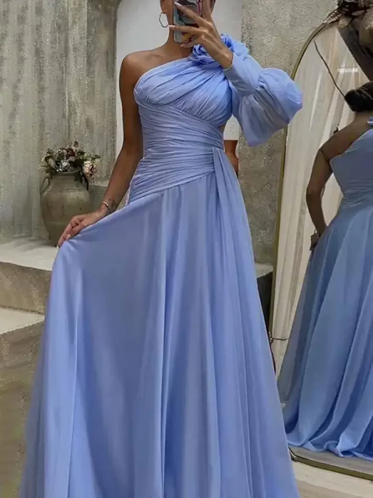 Bonboho 2024 New Solid Color Evening Dresses for Women One-shoulder Puff Sleeve High Waist Split-side Pleated Party Gowns